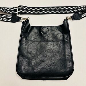 Black Leather Crossbody Bag with Patterned Strap